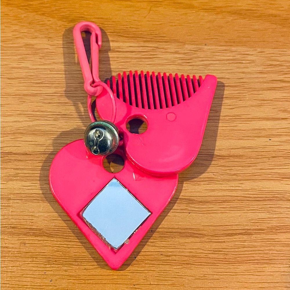 Vintage 1980s Bell Charm Pink Heart Comb & Mirror Set 80s Necklace Label on Back